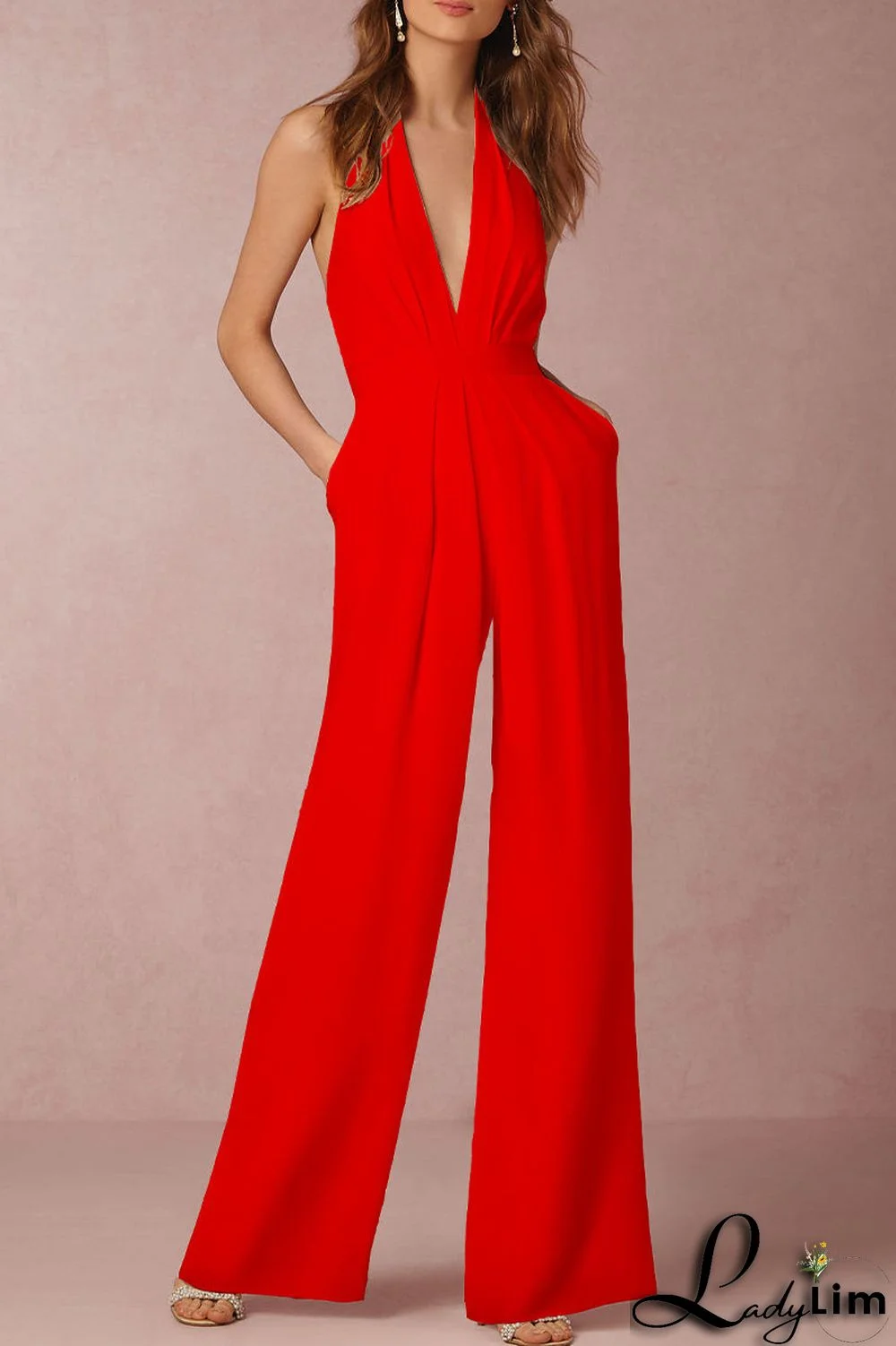 Sexy Elegant Solid Backless Fold V Neck Regular Jumpsuits(12 Colors)