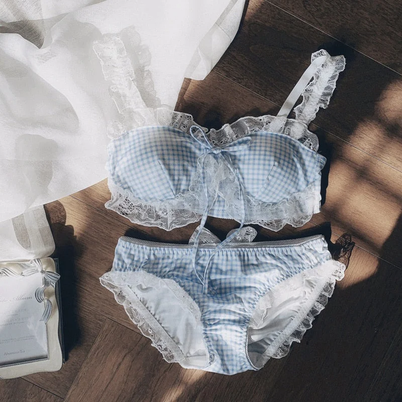 Wriufred Underwear suit girl sweet cute hollow embroidery lingerie set cotton lace edge tube top thin bra set gathered bralette