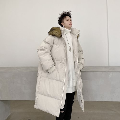 Dawfashion-Solid Color Detachable Fur Collar Hooded Mid-length Down Jacket-Yamamoto Diablo Clothing