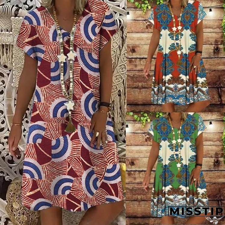 Summer New Short-sleeved Printed Dress Mid-length A-line Skirt