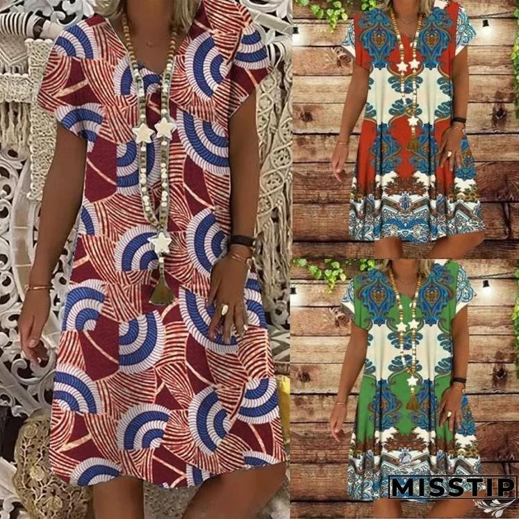 Summer New Short-sleeved Printed Dress Mid-length A-line Skirt