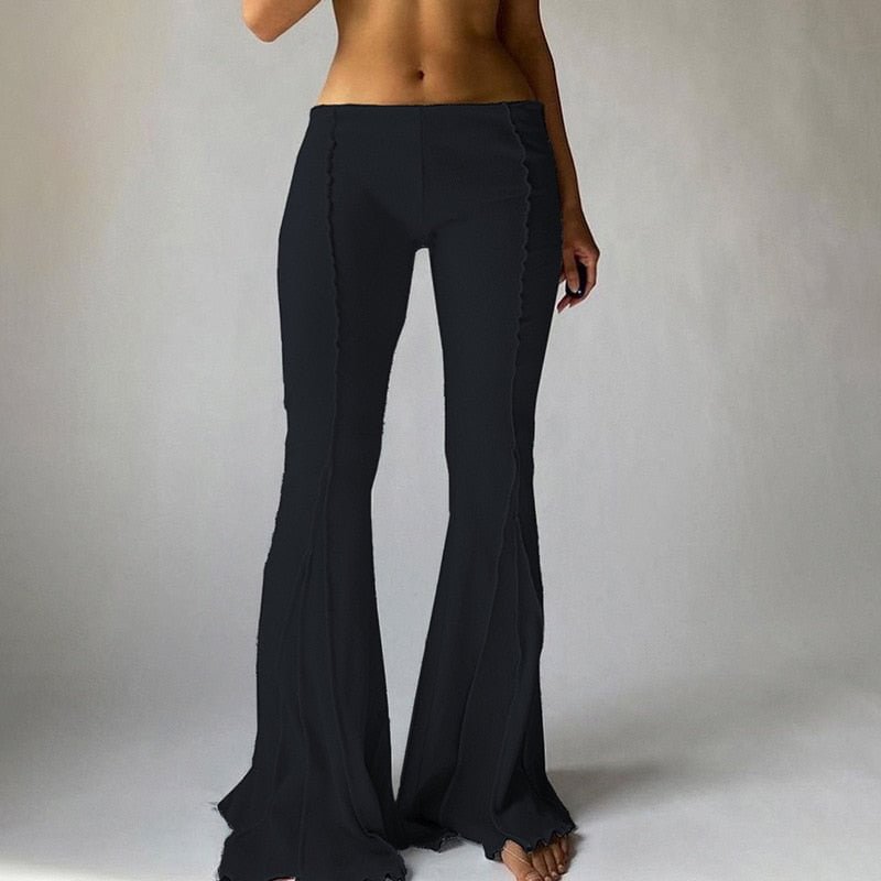 Women Vintage Pants Hippie Low Waist Bell Bottoms Ladies Stretch Flare Trousers Solid Color  2021 Summer Fashion Flares