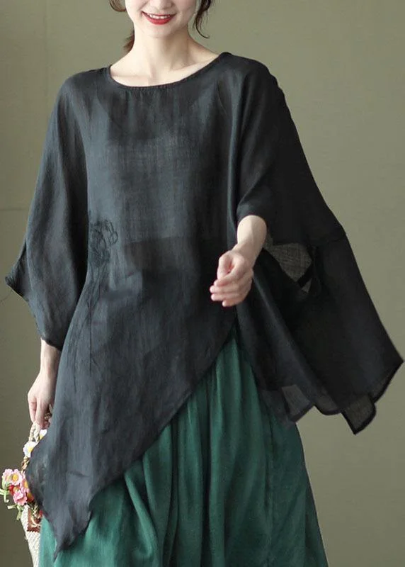 Art Black Asymmetrical Design Embroidered Summer Ramie Shirt Tops
