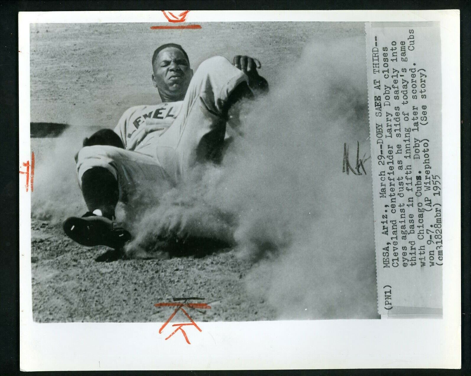 Larry Doby slides safely into third base 1955 Press Photo Poster painting Cleveland Indians