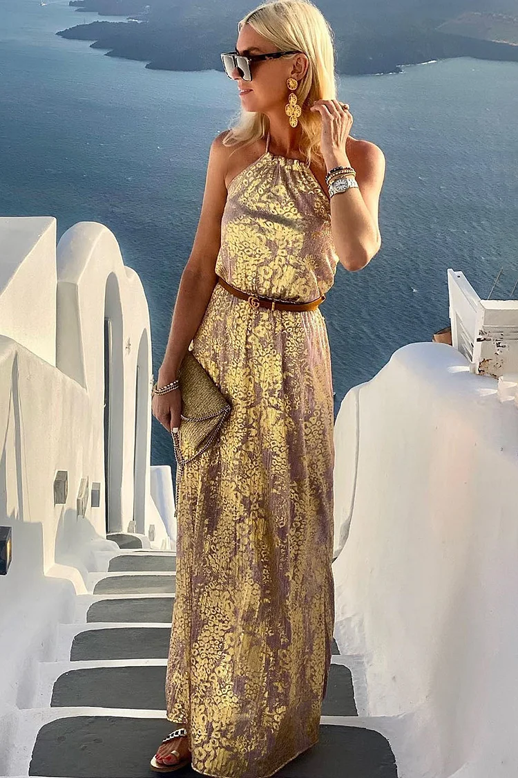 Halter Backless Bronzing Pattern Print Party Gown Maxi Dress