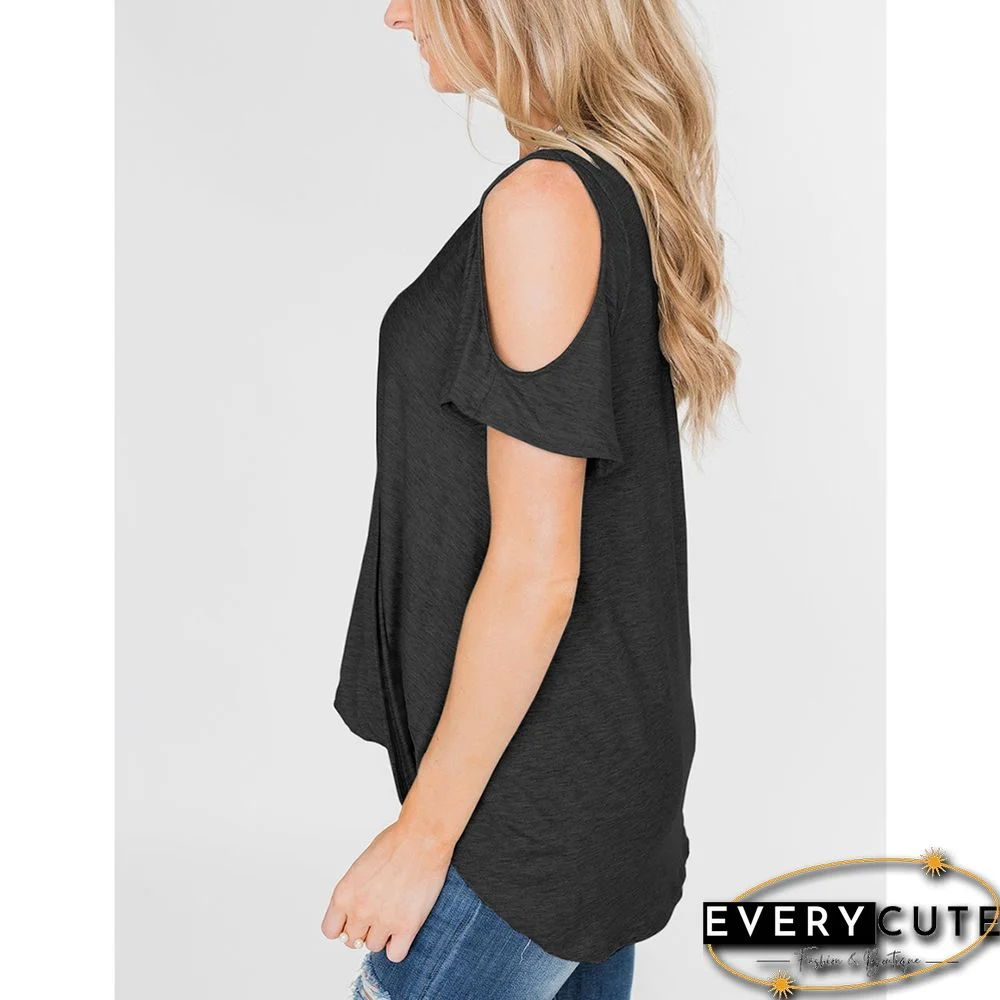 Black Cold Shoulder Crisscorss V Neck Tops
