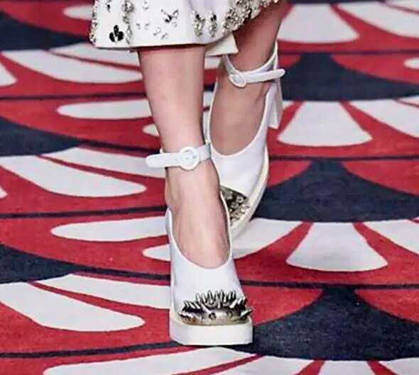 VCSHOES Punk Woman Black White Pink Genuine Leather Metal Rivets Slingback Pumps Female Square Toe Chunky Heels Shoes