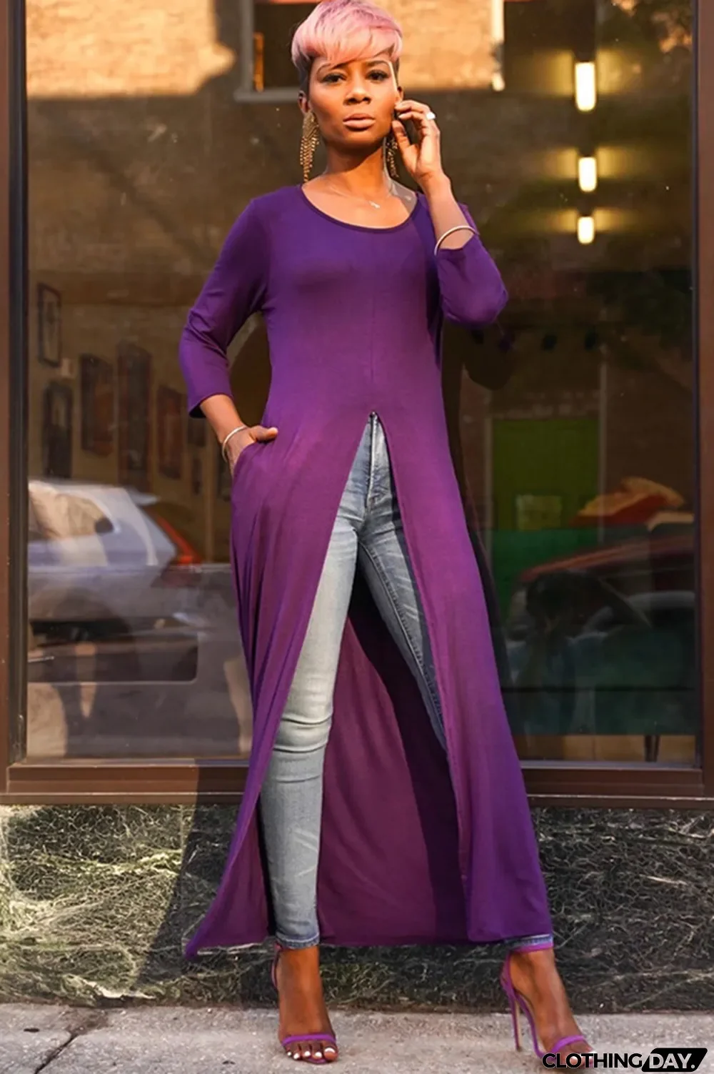 Black Polyester O Neck Nine Sleeves Solid Long Sleeve Tops