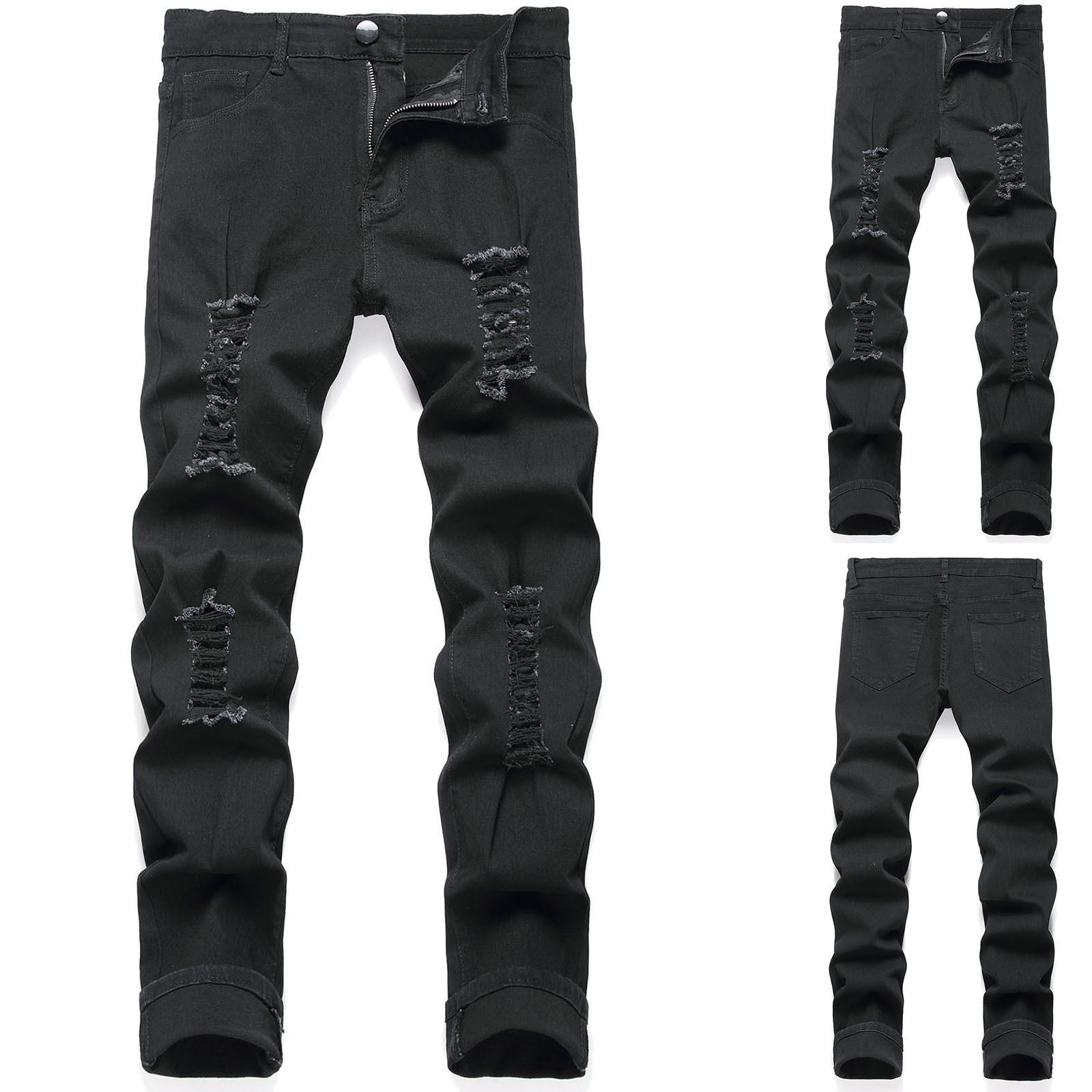 Men's Casual Stretch Jeans Fashion Personality Ripped Holes Slim Stretch Small Feet Motorcycle Jeans