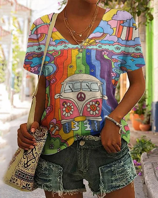 🔥kukelife🔥Hippie Peace Bus Rainbow Print V-Neck Short Sleeve T-Shirt