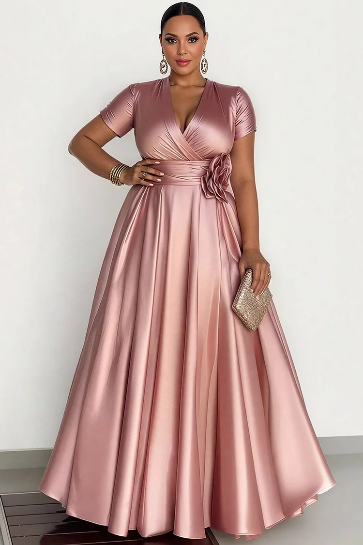 Xpluswear Design Plus Size Wedding Guest Pink Wrap Neck Short Sleeve 3D Pocket Satin Maxi Dresses 2024 - Xpluswear