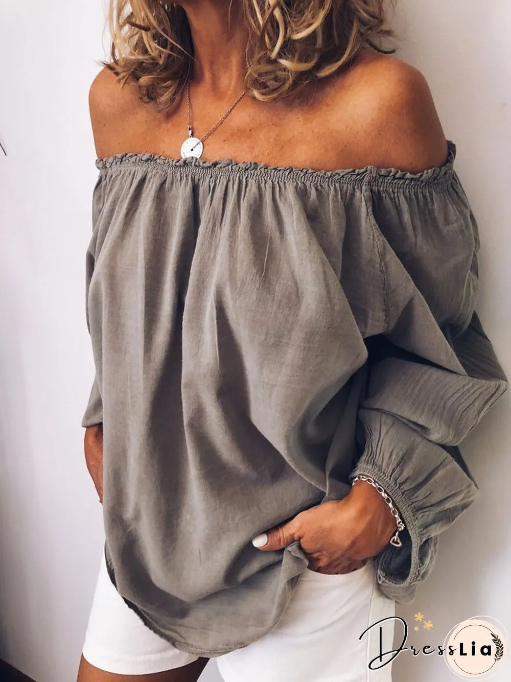 Women'S T-Shirts One-Shoulder Elastic Pleated Long Sleeve T-Shirts