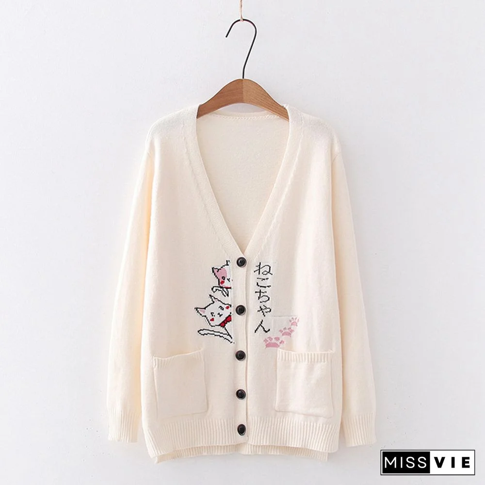 Cartoon Cat Print Cardigan Sweater Shirt Denim Pants Set