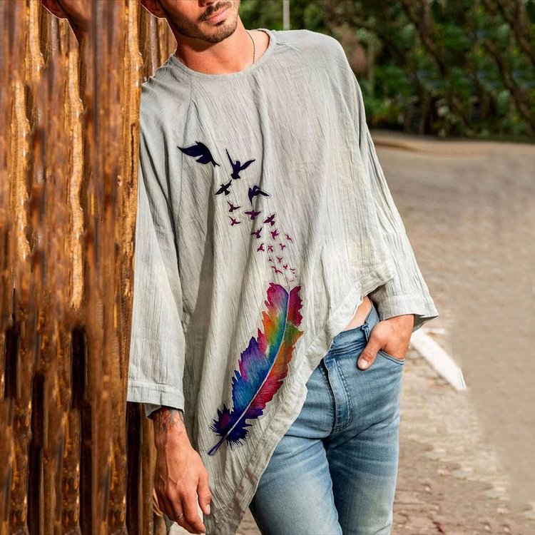 Men's Round Neck Casual Irregular Feather Bird Print T-Shirt