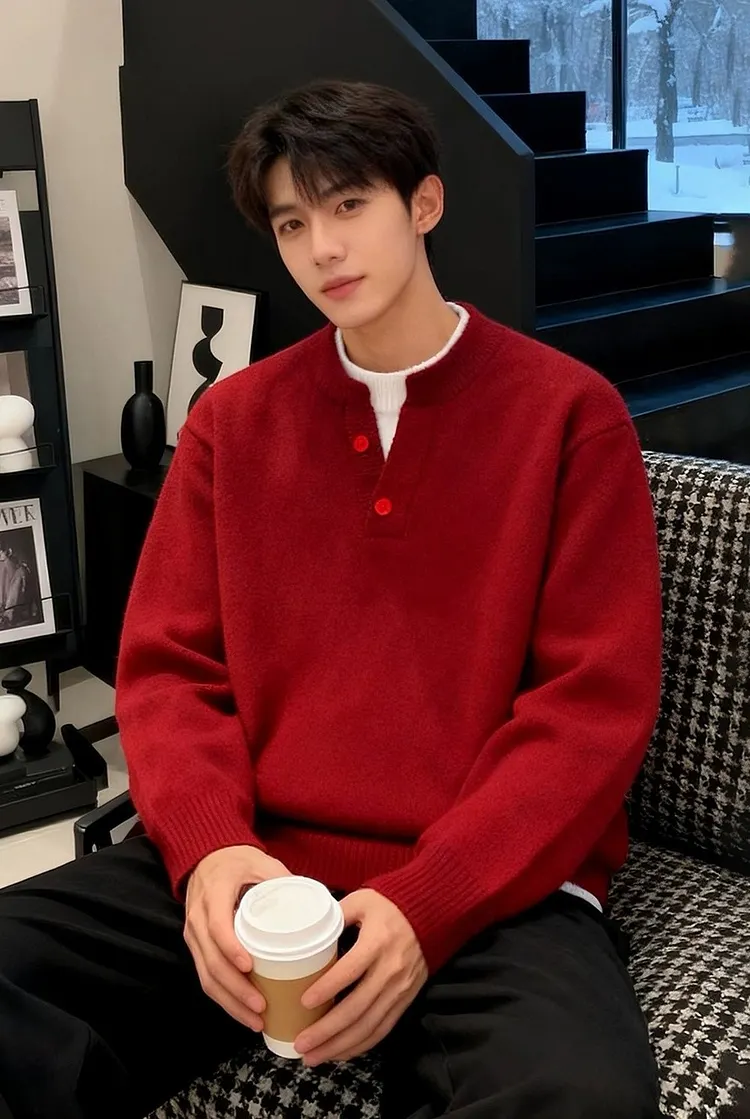 Loose Fit Knit Sweater with Henley Collar and Button Placket