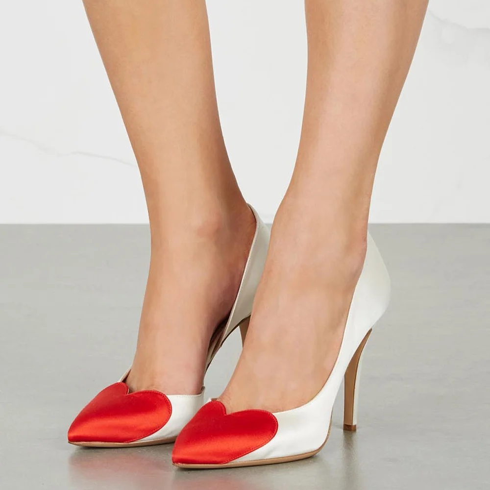 White & Red Satin Closed Pointed Toe Pumps With Stiletto Heels Nicepairs