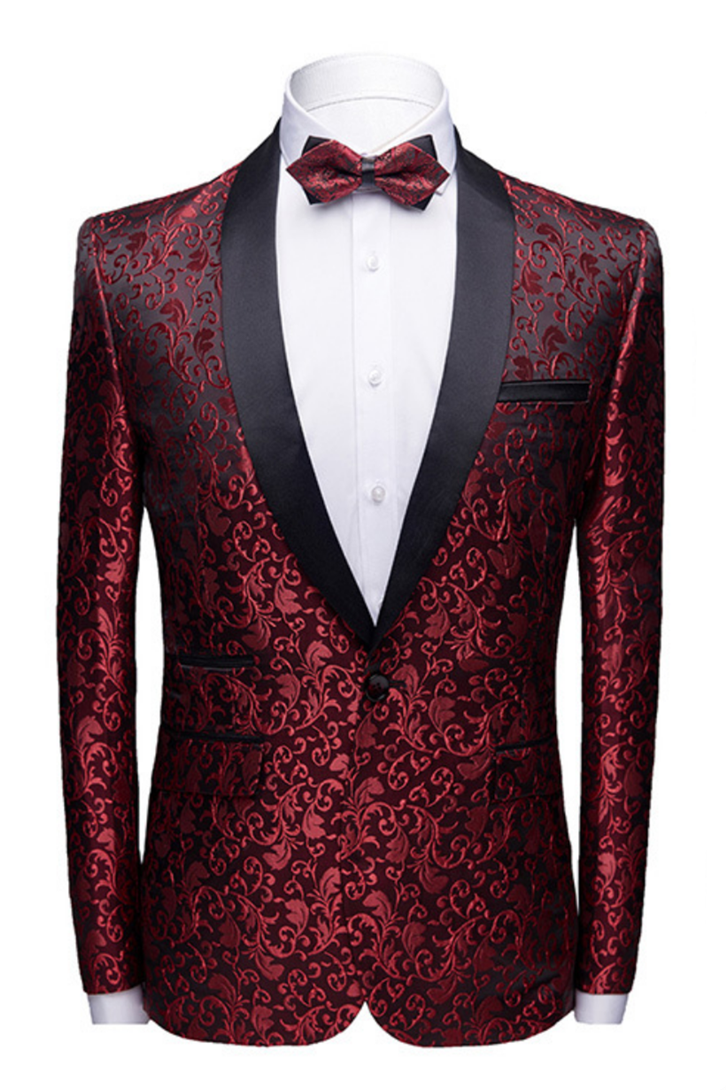 Burgundy Jacquard Shawl Lapel Elegant Wedding Tuxedos Black Satin | Ballbellas Ballbellas