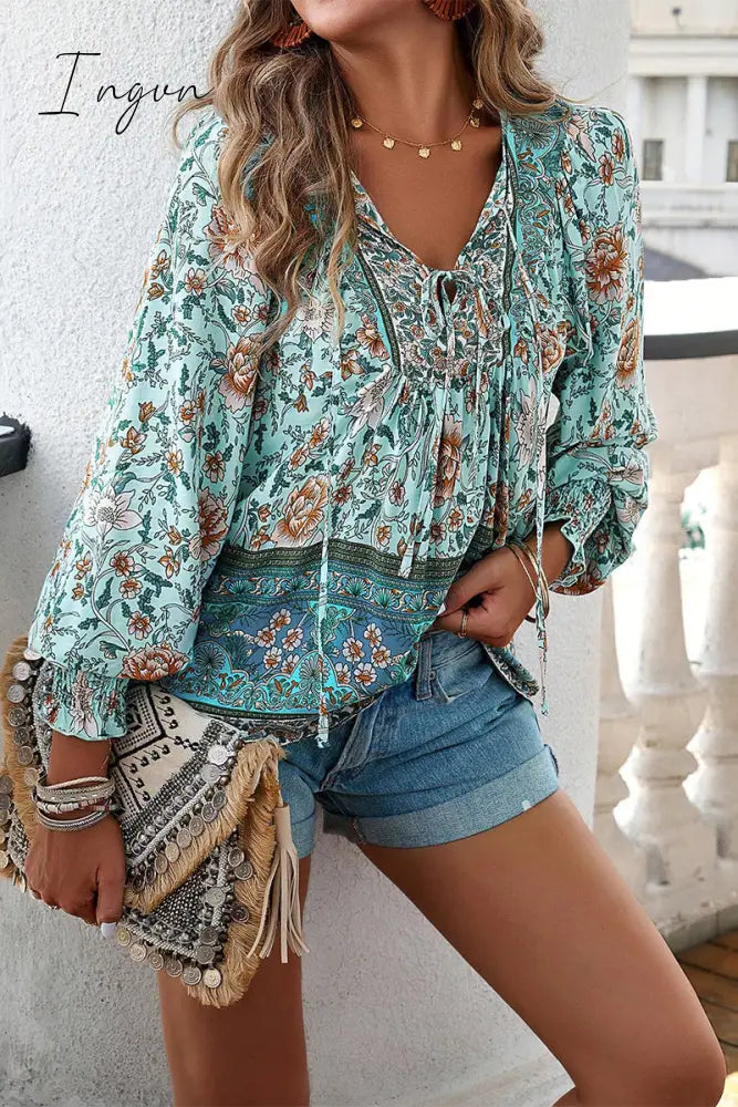 Ingvn - Elegant Floral Bandage V Neck Tops Blue / S Tops/Blouses & Shirts