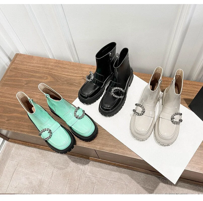 Ladies Bacchus Buckle Ankle Boots 2021 Autumn Winter Thick Bottom Martin Boots Short Tube Women's Patent Leather Platform Shoes