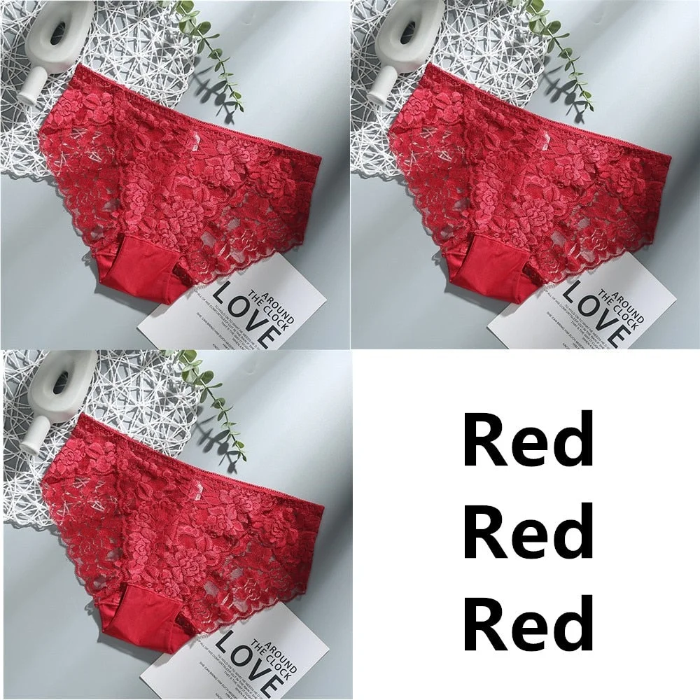 3Pcs Sexy Low Waist Women's Underwear Lace Plus Size Seamless Panties Breathable Lingerie Female Briefs Solid Hollow Underpants