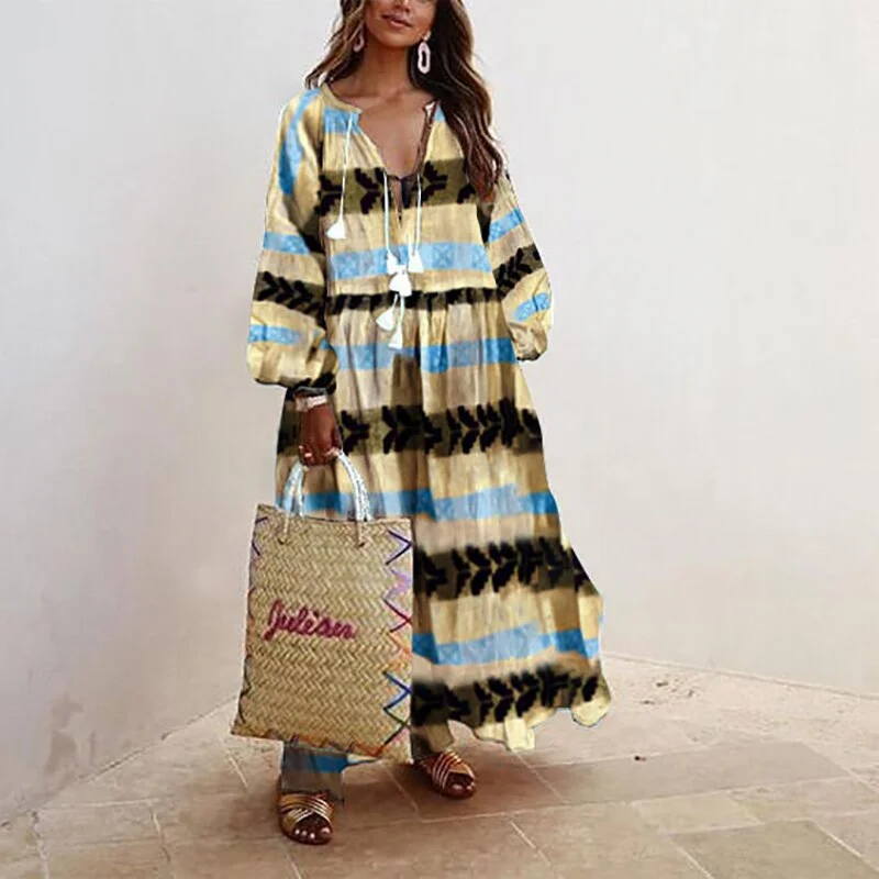 Women Vintage V Neck Tassel Party Long Dress Casual Floral Print Female Dresses Loose Three Quarter Puff Sleeve Dresses Vestidos