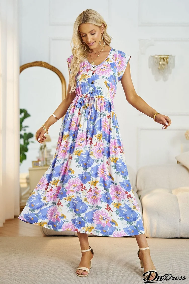 Floral V-Neck A-Line Midi Dress