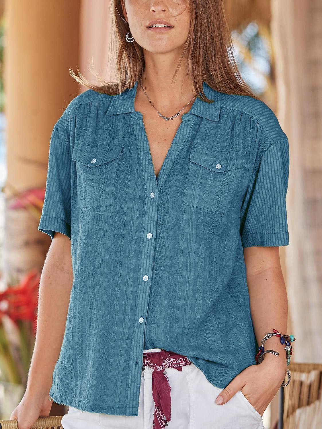 Buttoned Cotton-Blend V Neck Casual Shirts & Tops