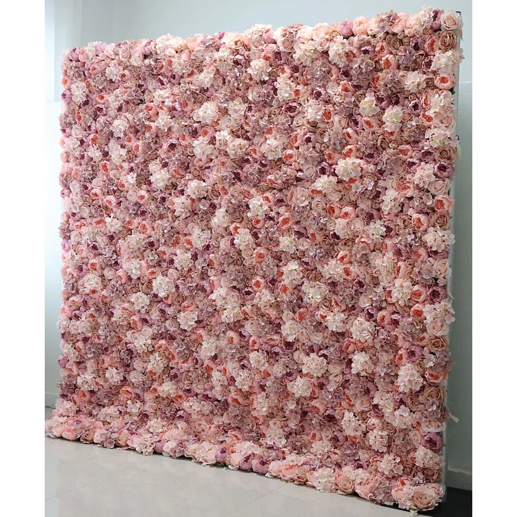 Roll Up Fabric Artificial Ruddy Pink Flower Wall Wedding Backdrop, Floral Party Decor, Event Photography-VF-021