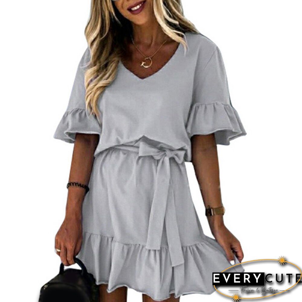 Ladies Sexy Ruffle Mini Dress Casual Short Sleeve Women Party Dresses Elegant V Neck Lace-Up Summer Dress Female Vestidos D30