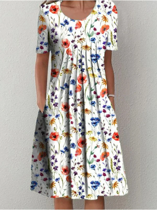 Women Short Sleeve Scoop Neck Floral Printed Polka Dot Graphic Midi Dress