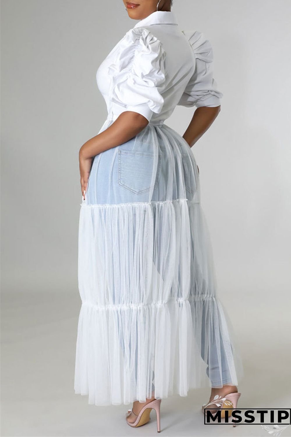 Yellow Fashion Casual Solid Patchwork Mesh Turndown Collar Shirt Dress