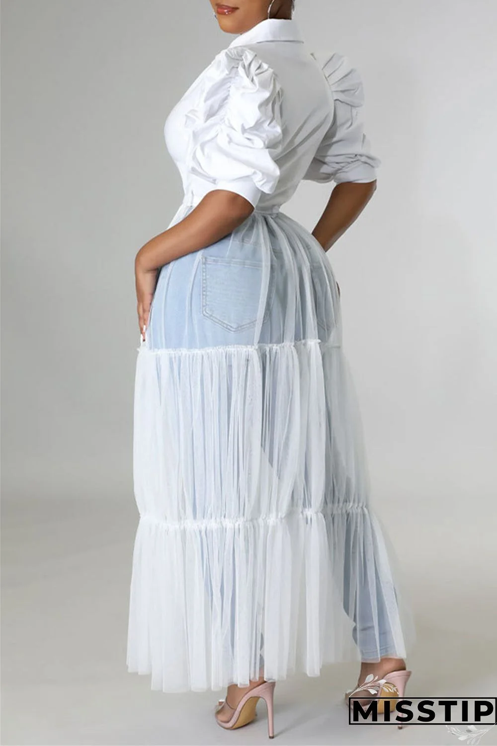 Yellow Fashion Casual Solid Patchwork Mesh Turndown Collar Shirt Dress