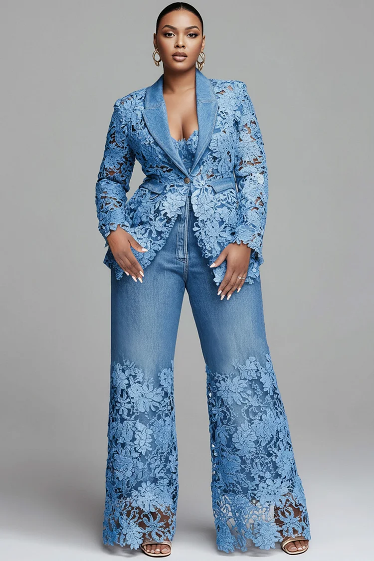 Xpluswear Design Plus Size Business Casual Blue Lapel Collar Long Sleeve Contrast Elegant See Through Lace Denim Two Piece Pant Suits [Pre-Order]