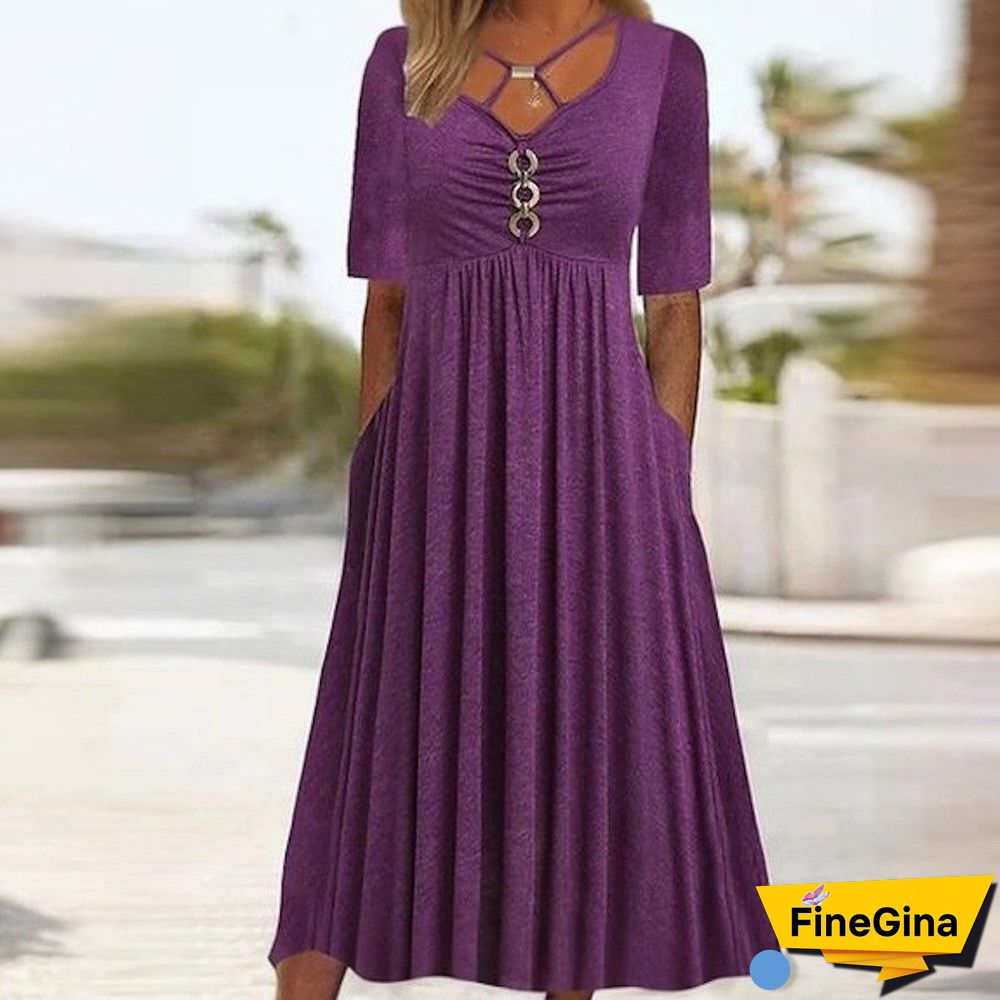 Purple Side Pockets Plain Midi Dress