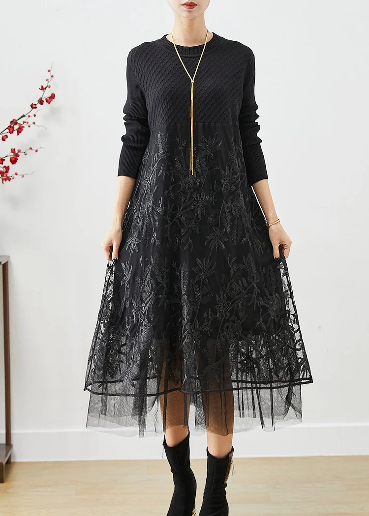 Boho Black Embroideried Tulle Patchwork Knit Long Dress Fall
