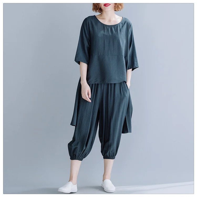 Simple Short Sleeve T-shirt and Wide Leg Pants Suits