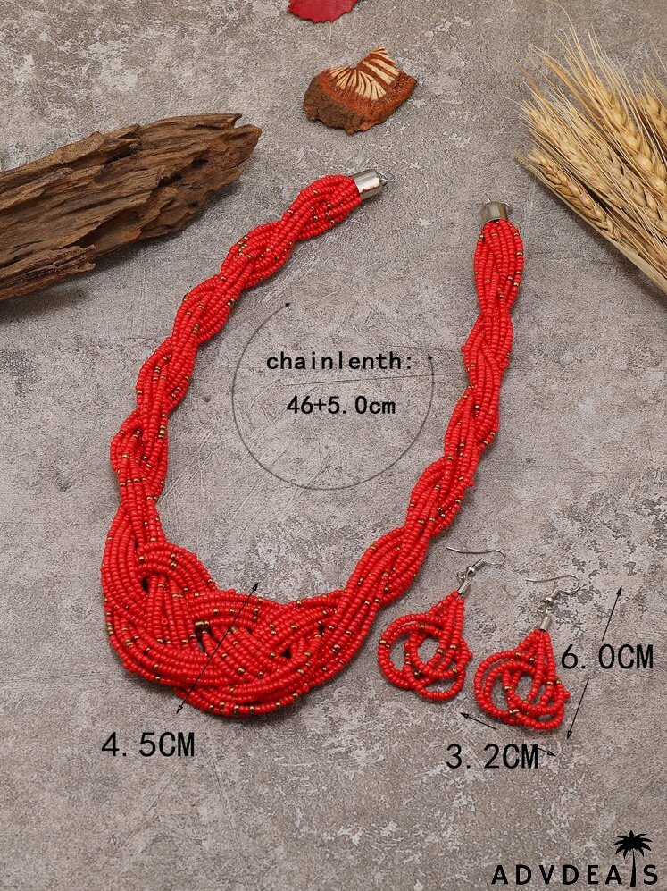 Beaded Layered Necklace & Drop Earrings