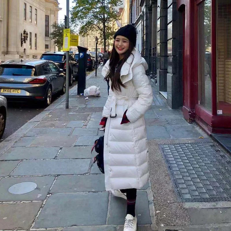 Toloer Down Jacket Female 2024 New Long Over The Knee Waist Hooded Belt Winter Net Red And White Duck Down Coat Tide-Outfit Ideas