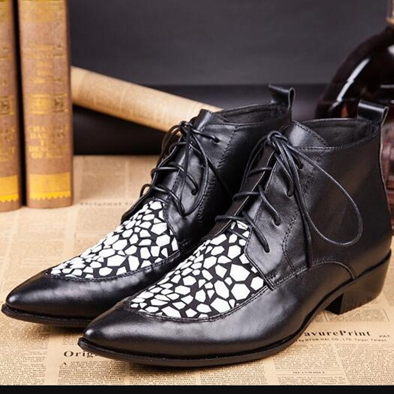 Mens Pointed Toe Dress Work Shoes Leather Army Boots Low Thick Heels Military Shoes Boots Men