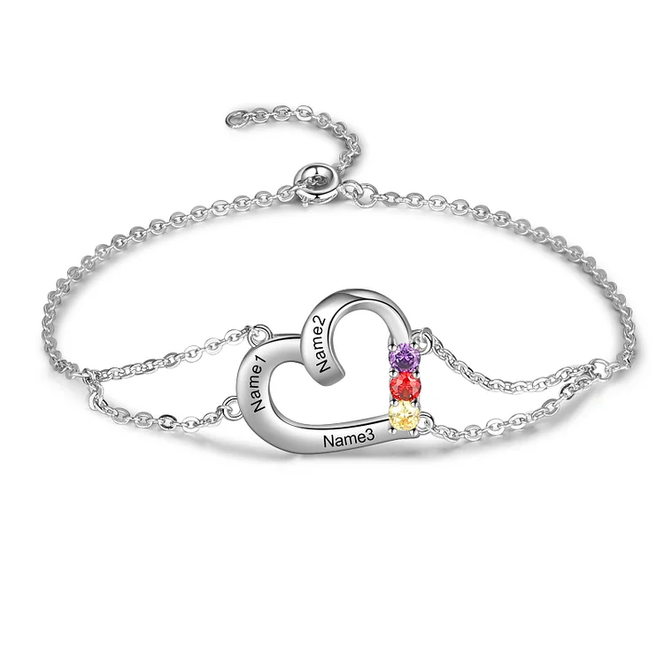 Personalized Heart Anklet with 3 Birthstones Custom Names Anklet for Her