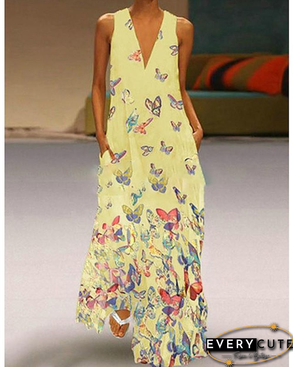 Women's A-Line Dress Maxi long Dress - Sleeveless Butterfly Animal Print Summer Deep V Plus Size Hot Casual Beach  White Purple Yellow Blushing Pink Light Blue S M L XL XXL 3XL 4XL 5XL White Dresses