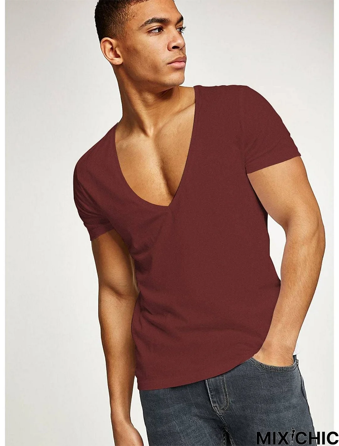 Men's Shirt Non-Printing Plus Size Cotton Tops Cotton Casual / Daily T-Shirt Athletic Wine Red Blue Gray / Summer