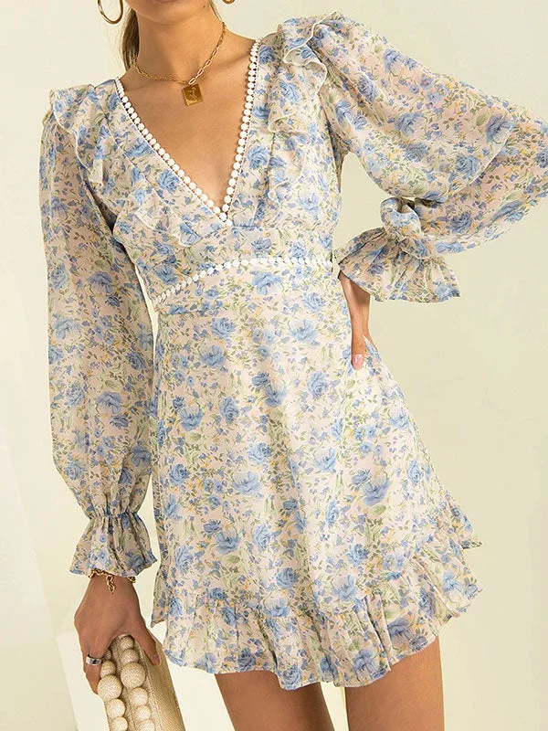 V neck rose print dress