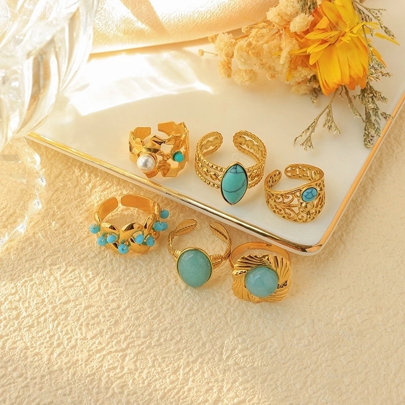 Elegant Vintage Style Minimalist Oval 304 Stainless Steel Turquoise 14K Gold Plated Plating Hollow Out Stainless Steel Rings