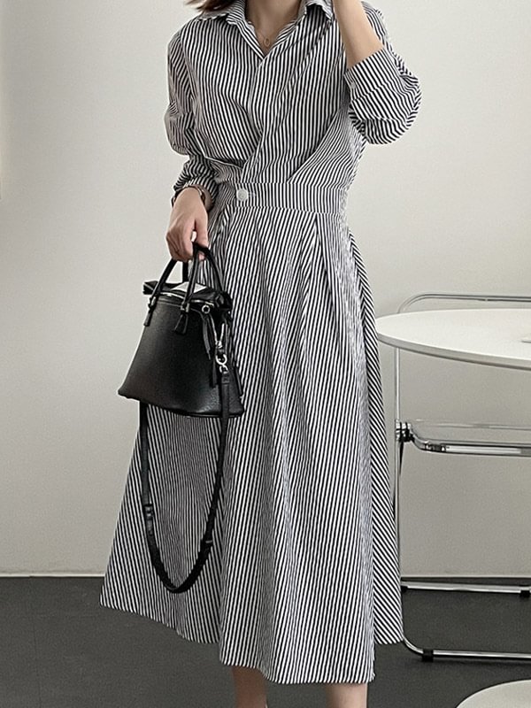 Casual Loose Striped Buttoned Pleated Lapel Collar Long Sleeves Midi Shirt Dress