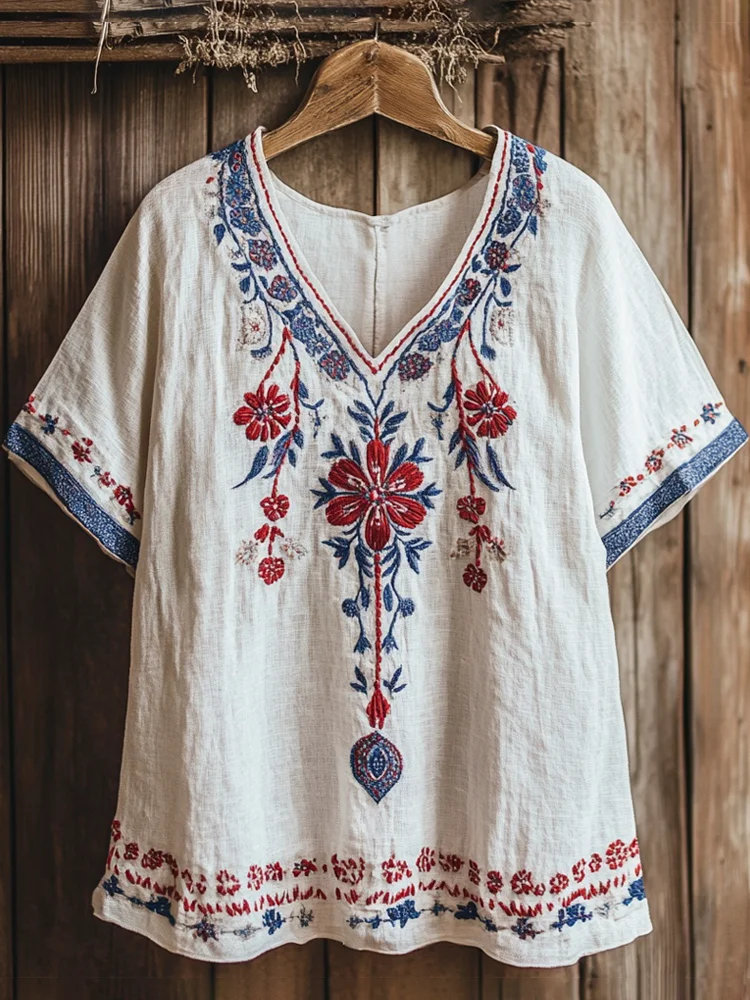 Vintage Floral Embroidery Women's Linen V-neck Shirt