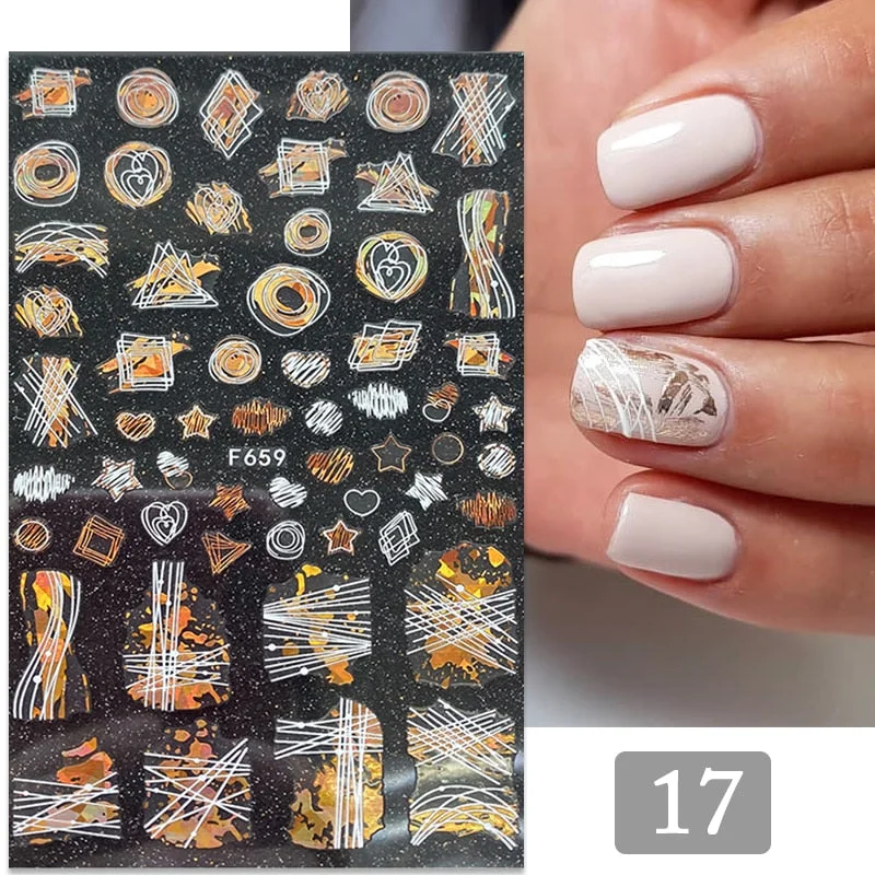 1PC Gold Black Bronzing Leaves Tree 3D Nail Sticker Iridescent Geometrics Lines Adhesive Transfer Sticker DIY Nail Decoration-Nail Inspo