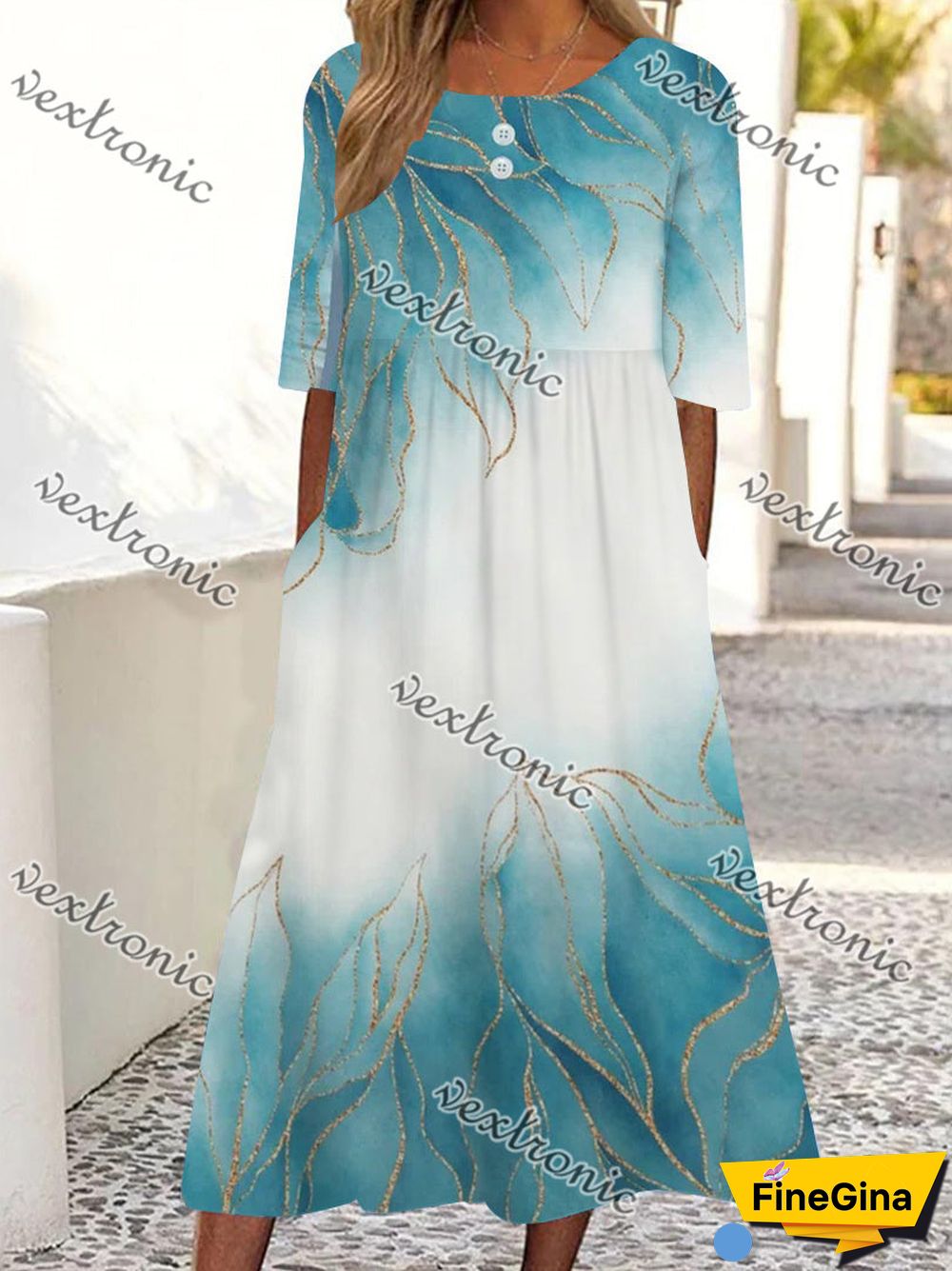 Women's Green Scoop Neck Short Sleeve Graphic Midi Dress