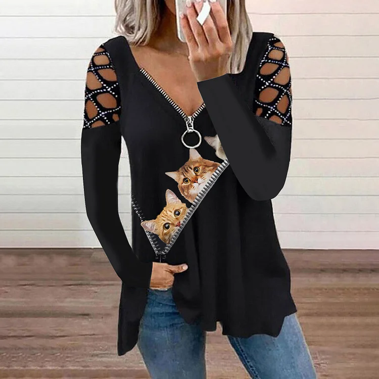 Wearshes Hollow Out Drilling Cat Printed Long Sleeve T-shirt