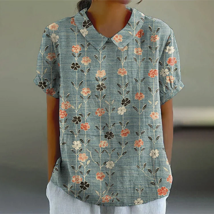 Comstylish Women's Retro Floral Art Print Casual Cotton Linen Shirt